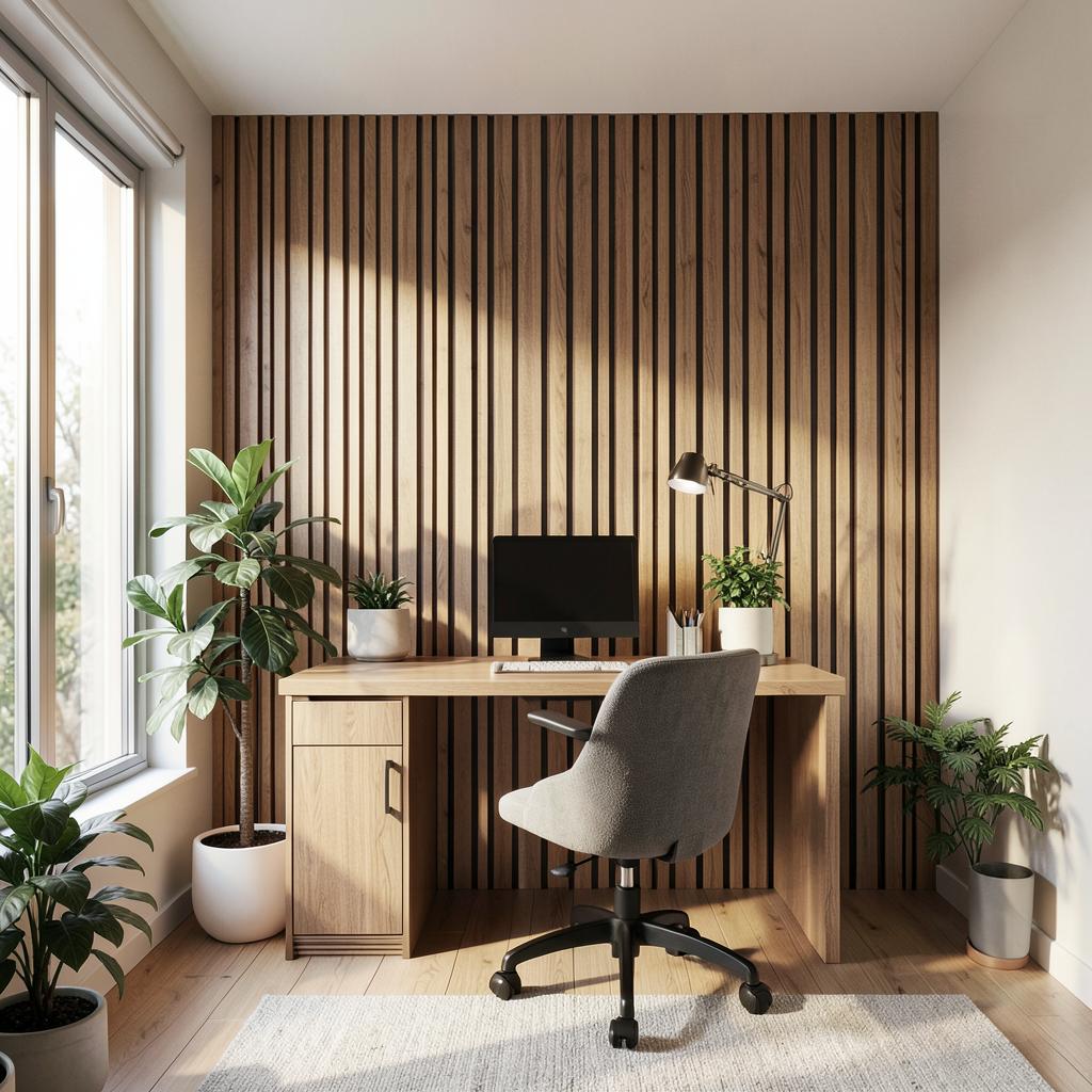 Home office com parede ripada amadeirada e luz natural
